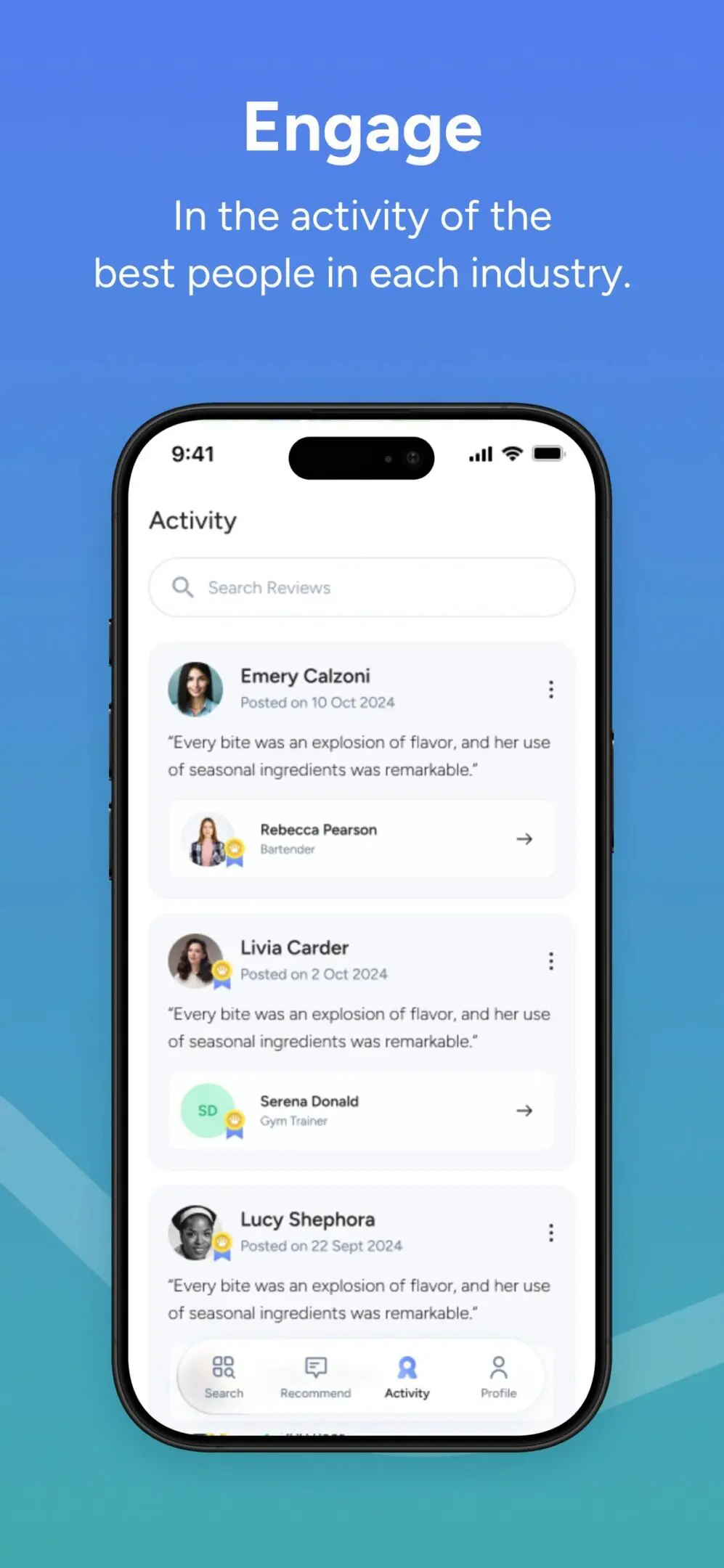 actual screen shot of the REC app activity page